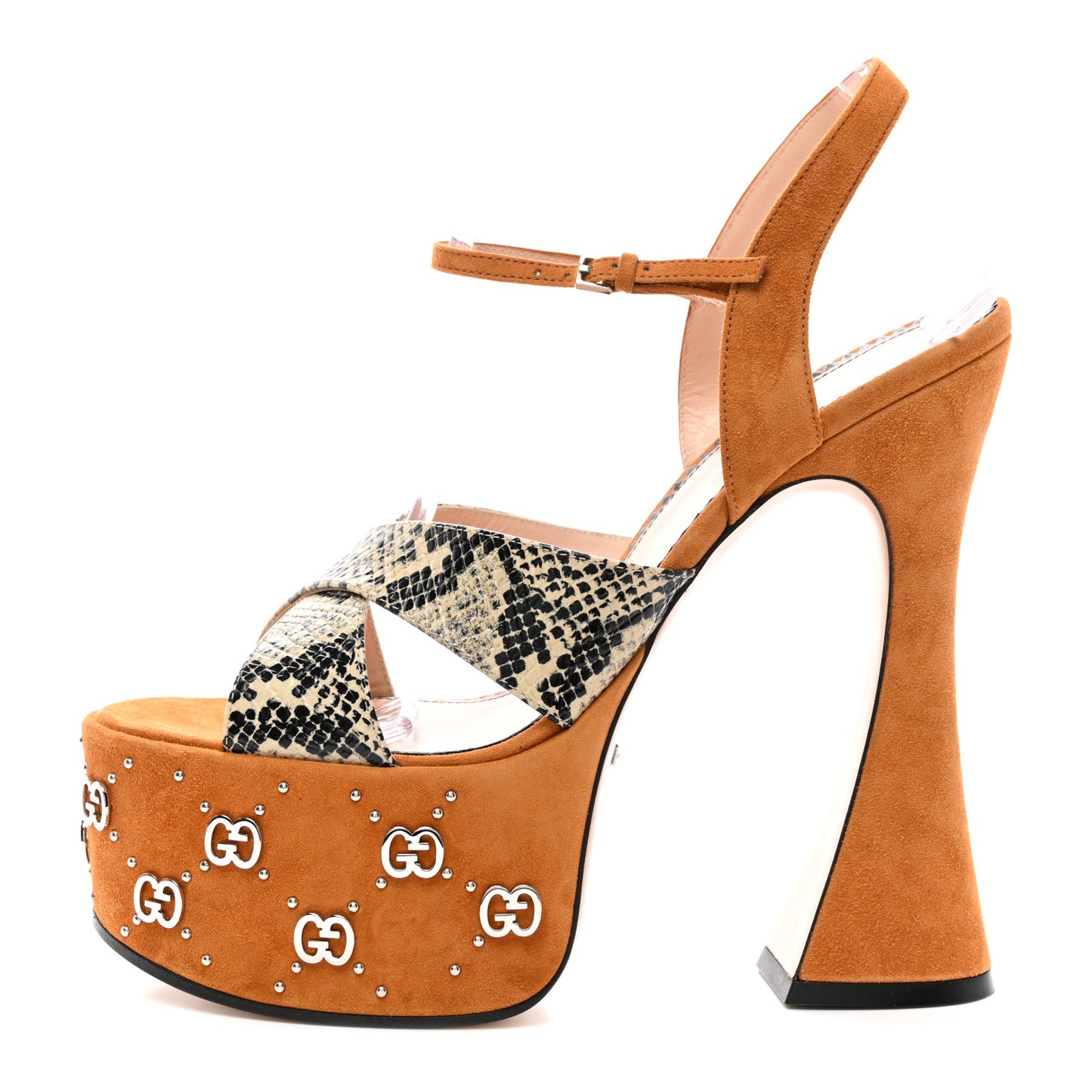 Malaga Kid Suede Snakeskin Interlocking G Studs 155mm Platform Sandals 40 Beige Cognac