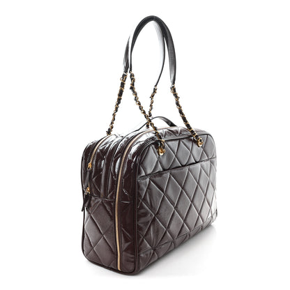 Chanel Patent Crumpled Calfskin Quilted Travel Bowling Bag Dark Brown 2 of 10