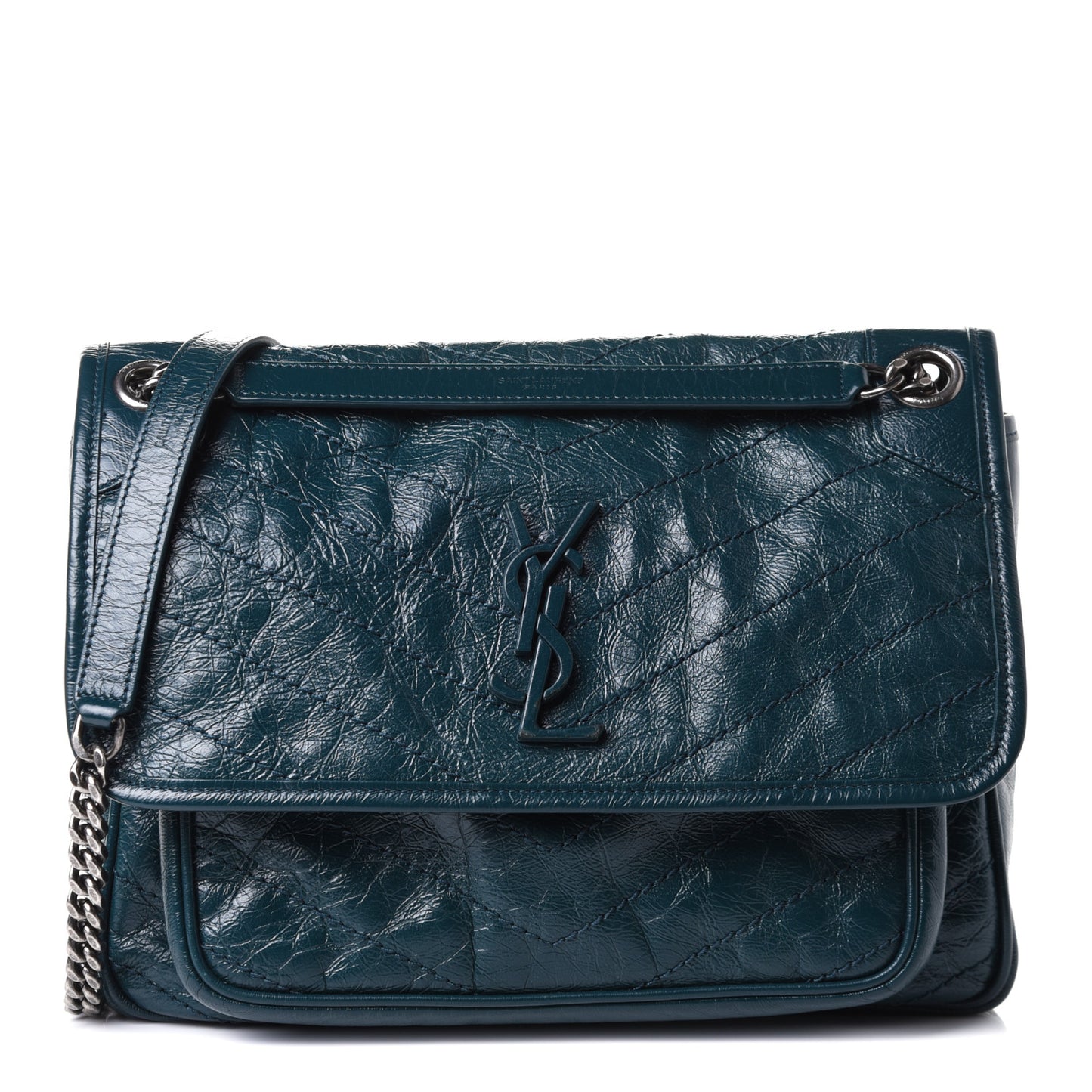 Crinkled Calfskin Matelasse Monogram Medium Niki Chain Satchel Peacock Green