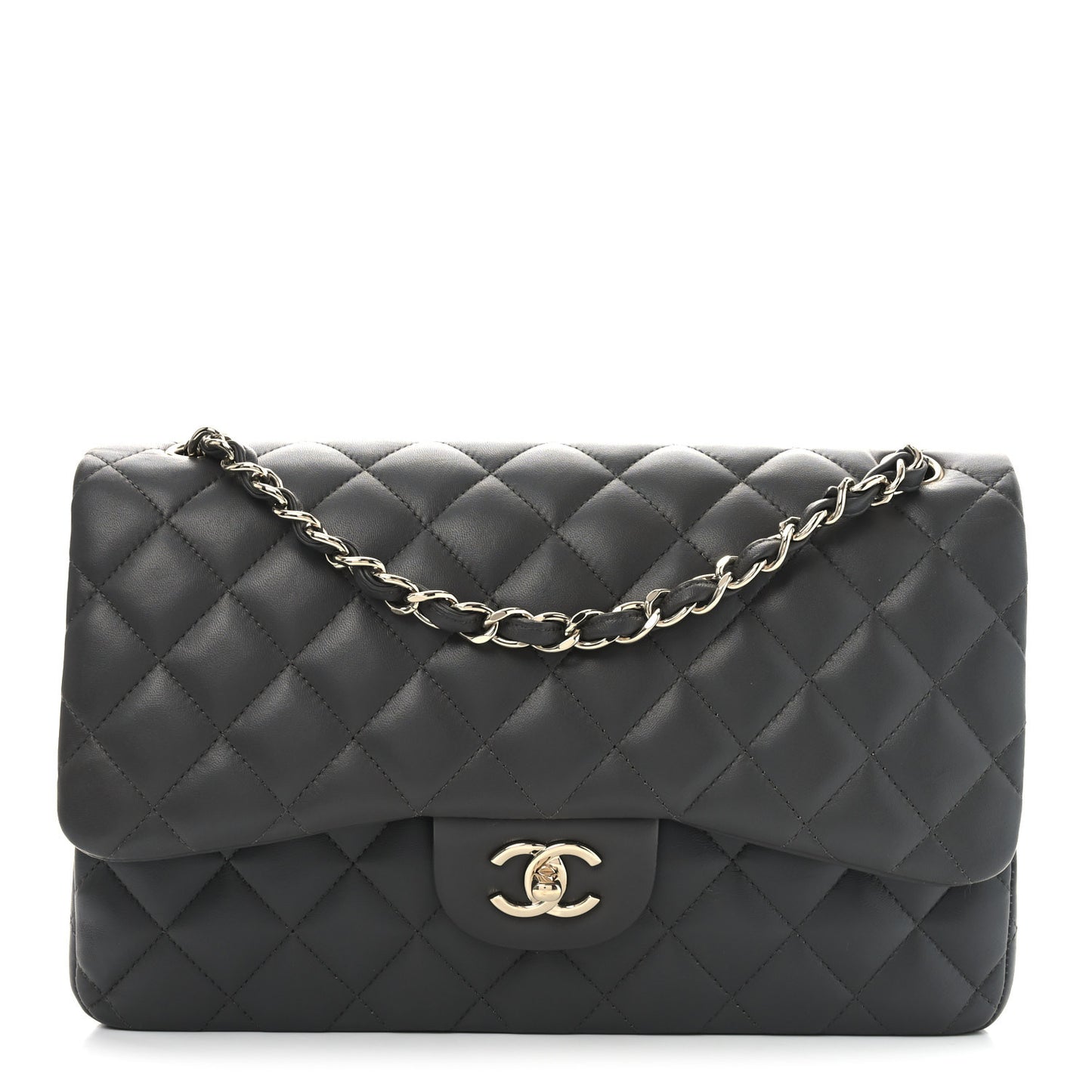 Lambskin Quilted Jumbo Double Flap Dark Grey