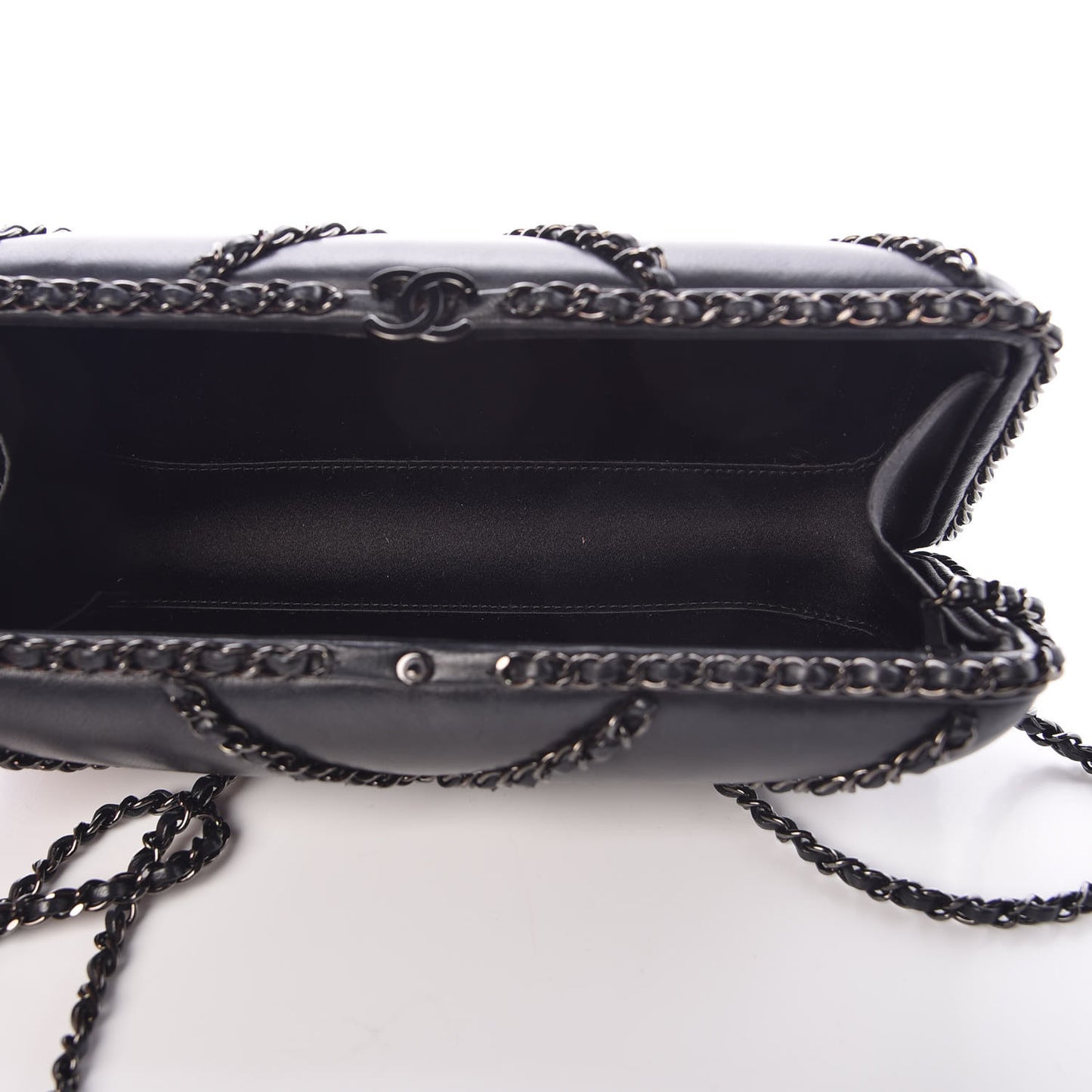 Lambskin Chevron Quilted Chain Around Clutch Black