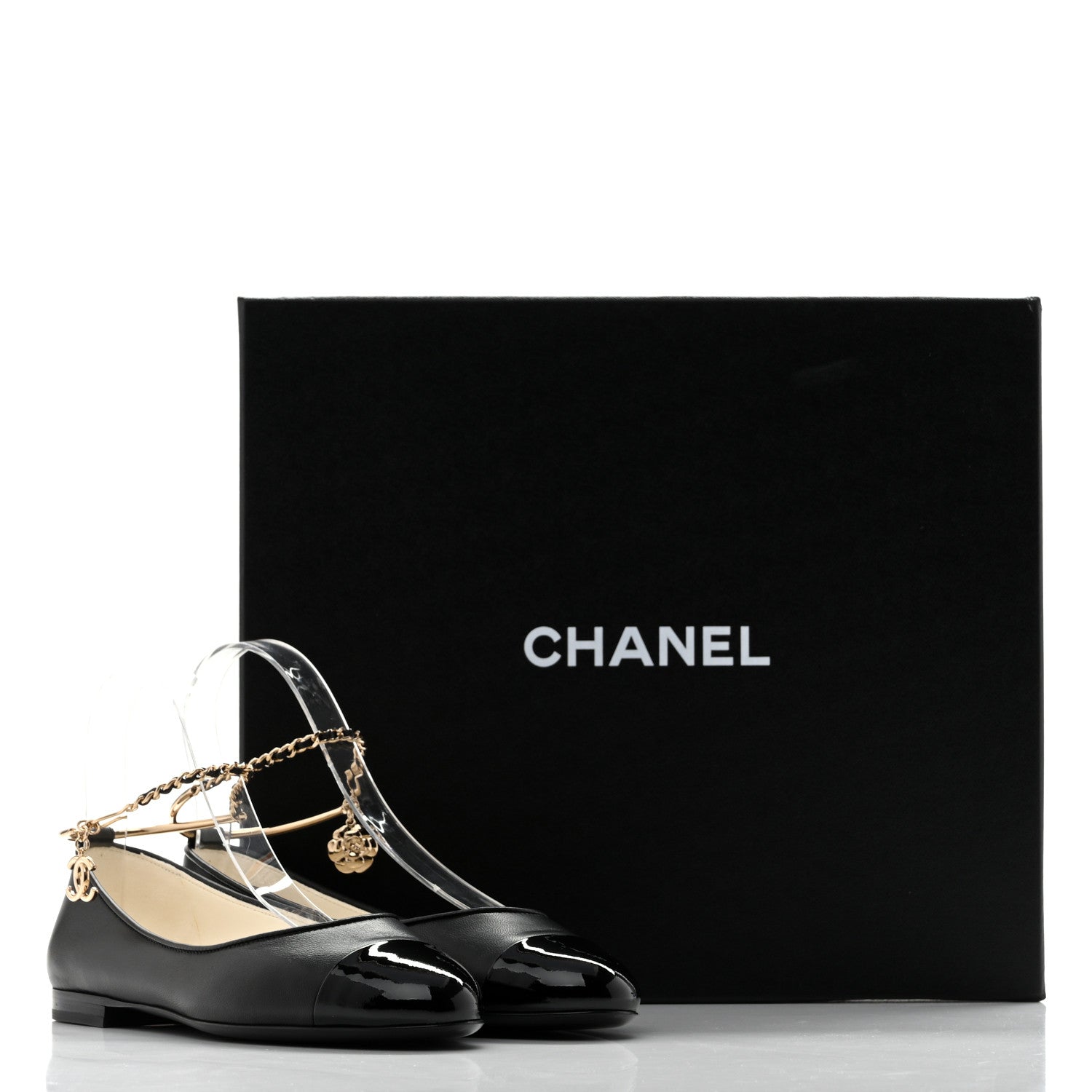 Chanel Lambskin Patent Calfskin Cap Toe Ankle Chain Ballerina Flats 36 Black 10 of 10