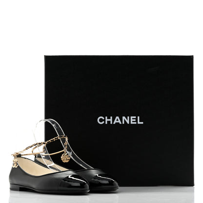 Chanel Lambskin Patent Calfskin Cap Toe Ankle Chain Ballerina Flats 36 Black 10 of 10