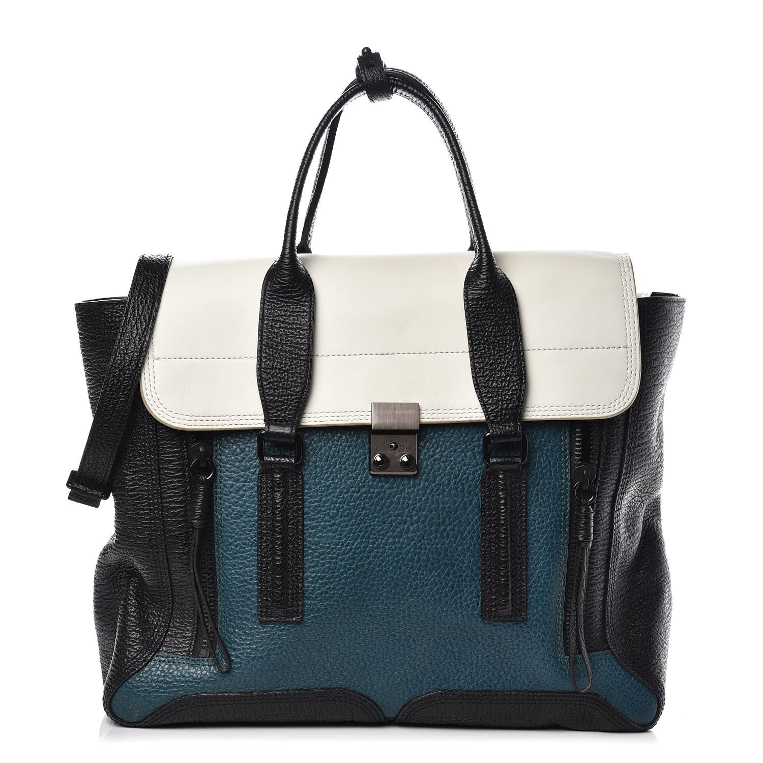 3.1 Phillip Lim 3.1 Textured Calfskin Colorblock Large Pashli Satchel Dark Teal 1 of 11