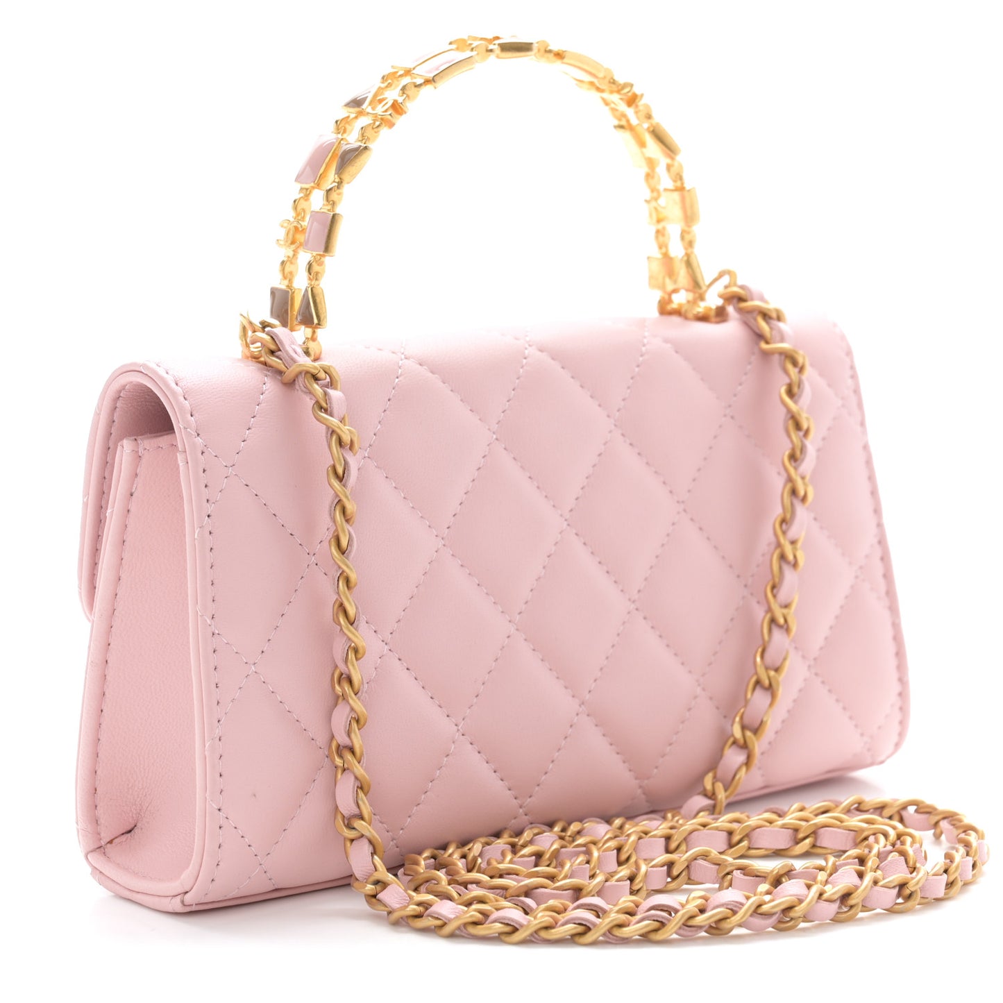 Lambskin Enamel Quilted Top Handle Flap Phone Holder With Chain Pink