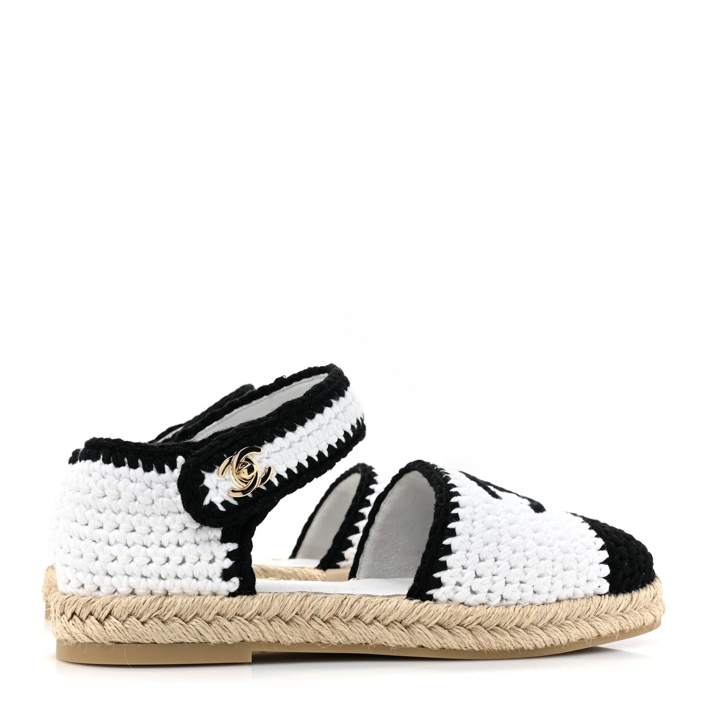 Braided Knit Cap Toe CC Ankle Strap Espadrilles 38 White Black