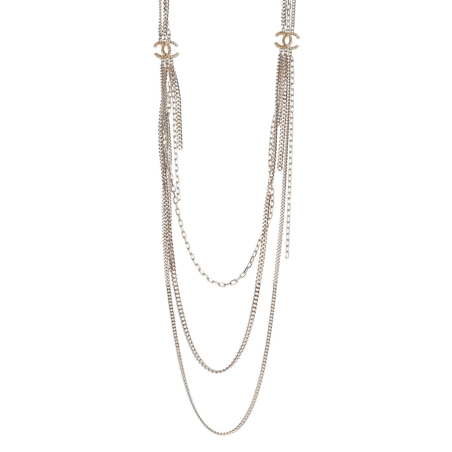 Baguette Gripoix Poured Glass CC Multi Strand Chain Necklace Light Gold