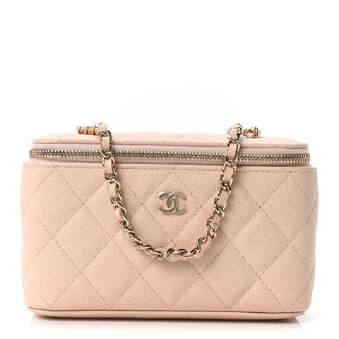 Caviar Quilted Small Vanity Case With Chain Light Beige