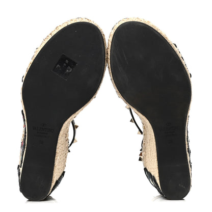 Valentino Garavani Canvas Butterfly Embroidered Rockstud Ankle Strap Espadrille 15/105mm Wedge Sandals 39 Black 4 of 6