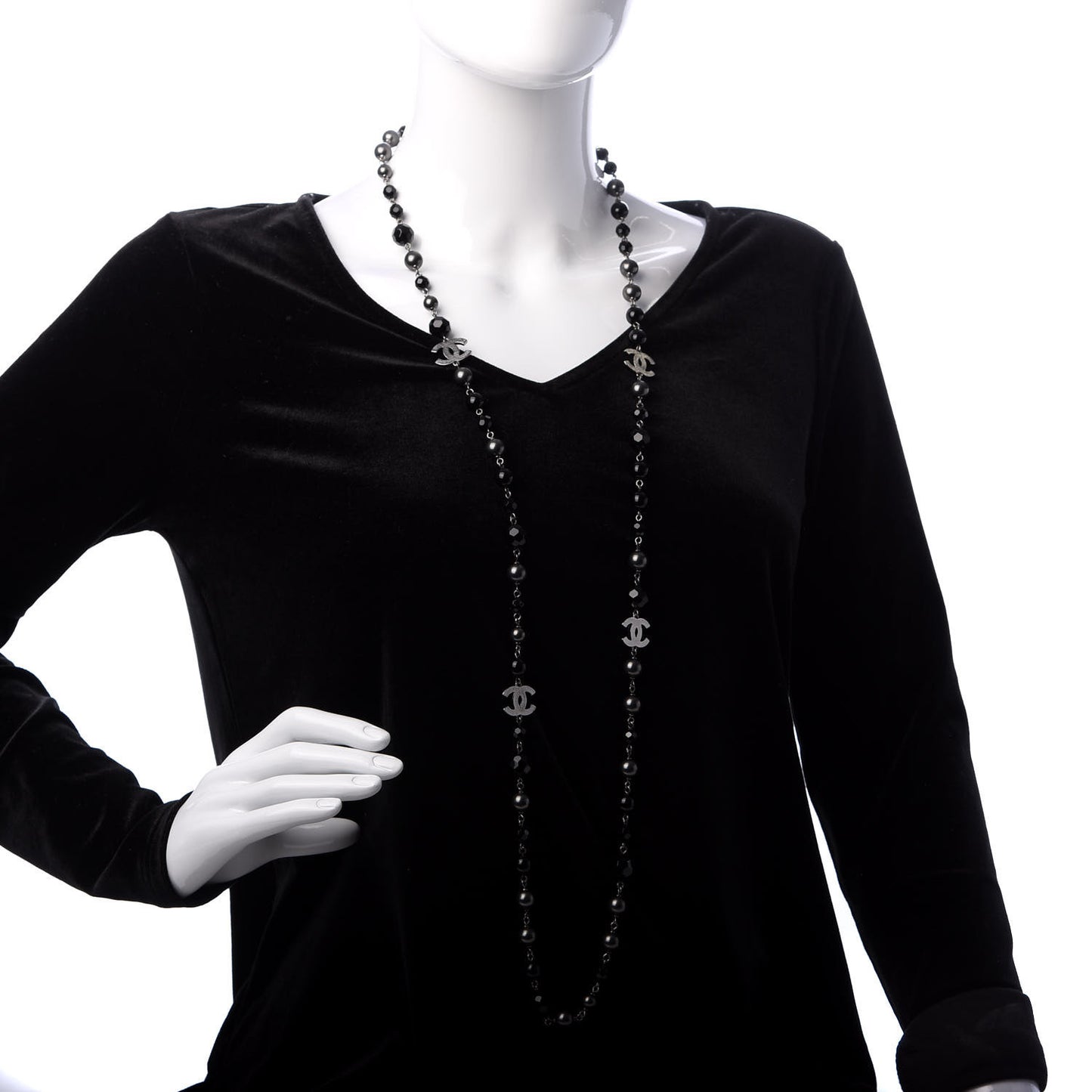 Ruthenium Pearl Beaded CC Long Necklace Black