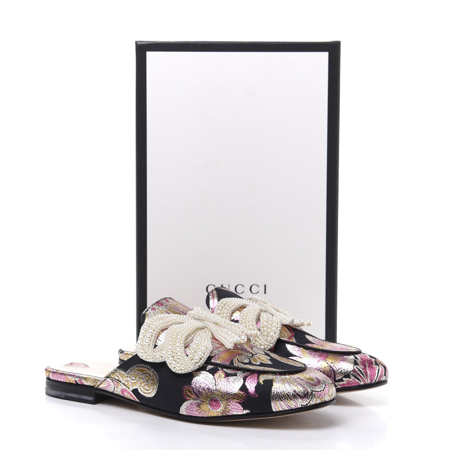 Gucci Iridescent Brocade Pearl Bow Womens Princetown Slippers 41 Black Pink 9 of 9