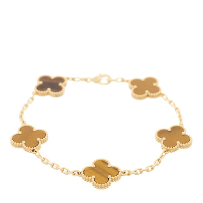Van Cleef & Arpels 18K Yellow Gold Tiger Eye 5 Motifs Vintage Alhambra Bracelet 1 of 4