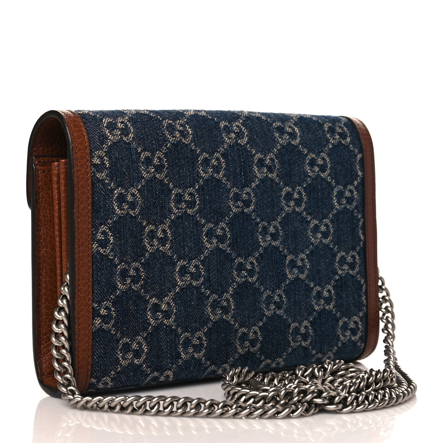 New Denim GG Monogram Dollar Calfskin Enamel Mini Dionysus Chain Wallet Blue Tea Cuir Epilog Electric Blue