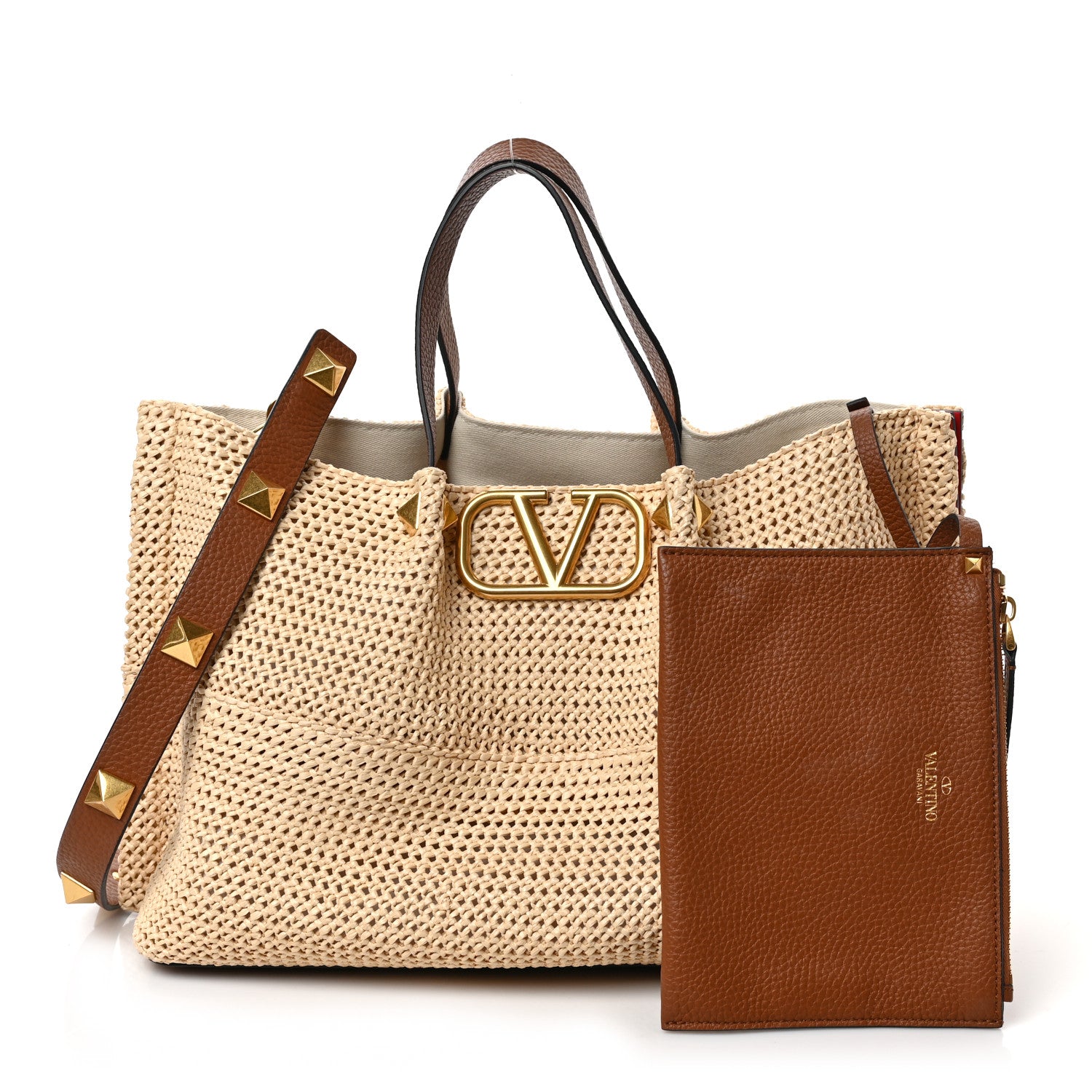 Valentino Garavani Raffia Grained Calfskin Medium Rockstud Vlogo Tote Naturale 1 of 8