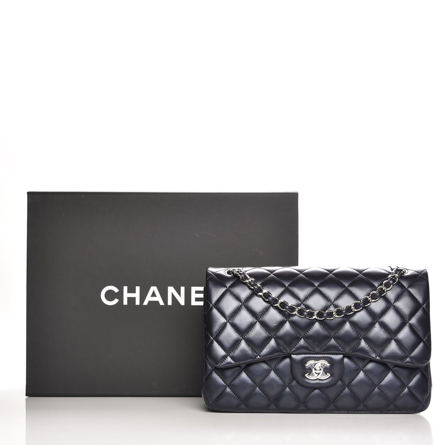 Metallic Lambskin Quilted Jumbo Double Flap Navy