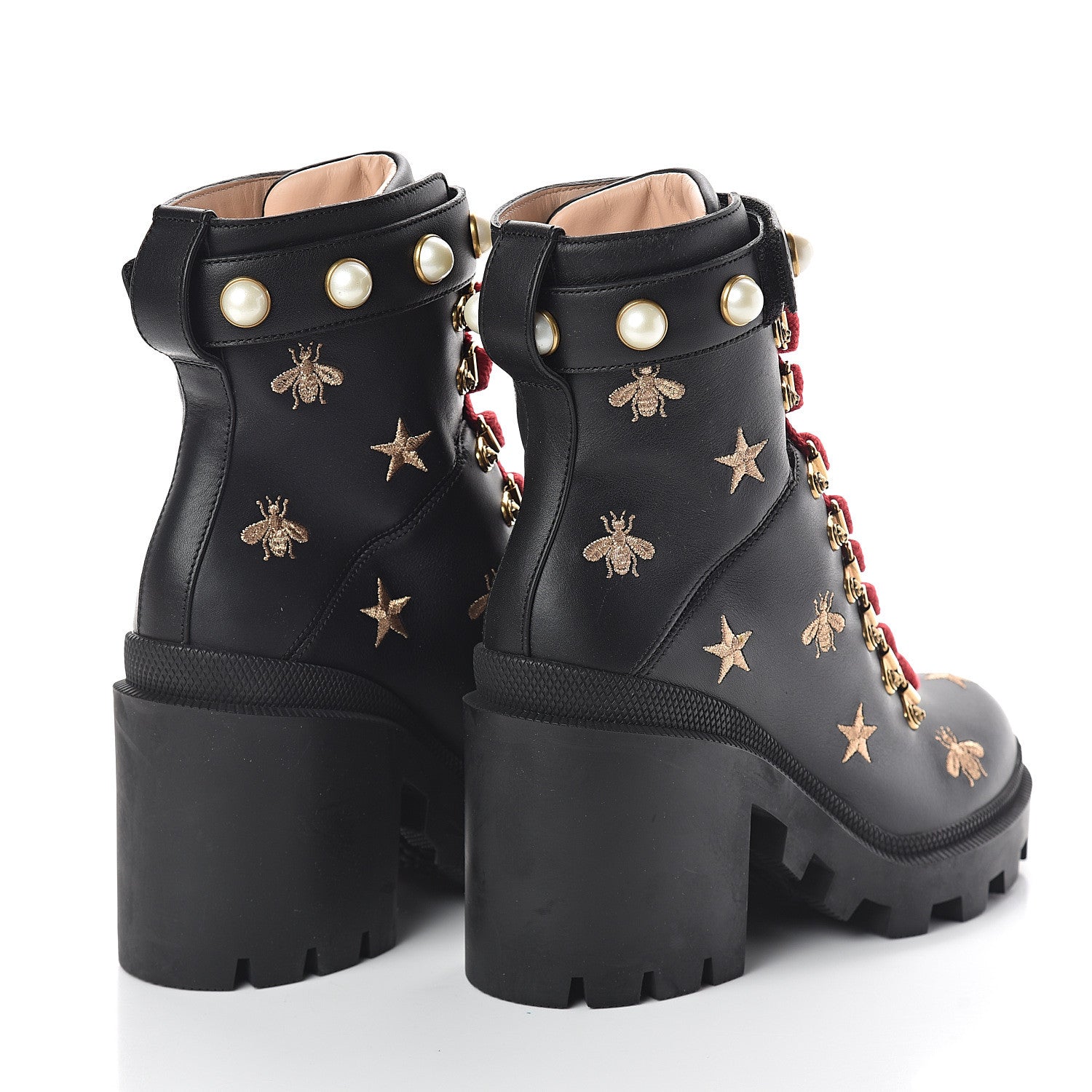 Gucci Calfskin Embroidered Lace Up Combat Ankle Boots 35.5 Black 4 of 6