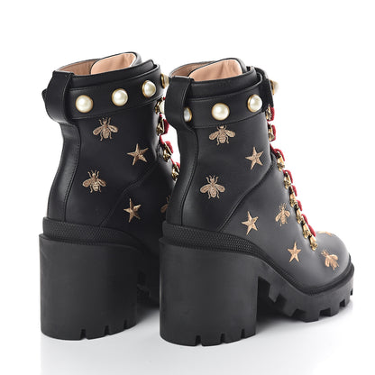 Gucci Calfskin Embroidered Lace Up Combat Ankle Boots 35.5 Black 4 of 6