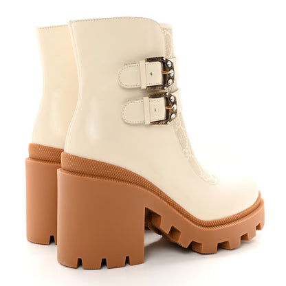 Gucci Kensington Calfskin Nappa GG Supreme Monogram Womens Double Buckle Ankle Boots 36.5 Mystic White Beige 4 of 16