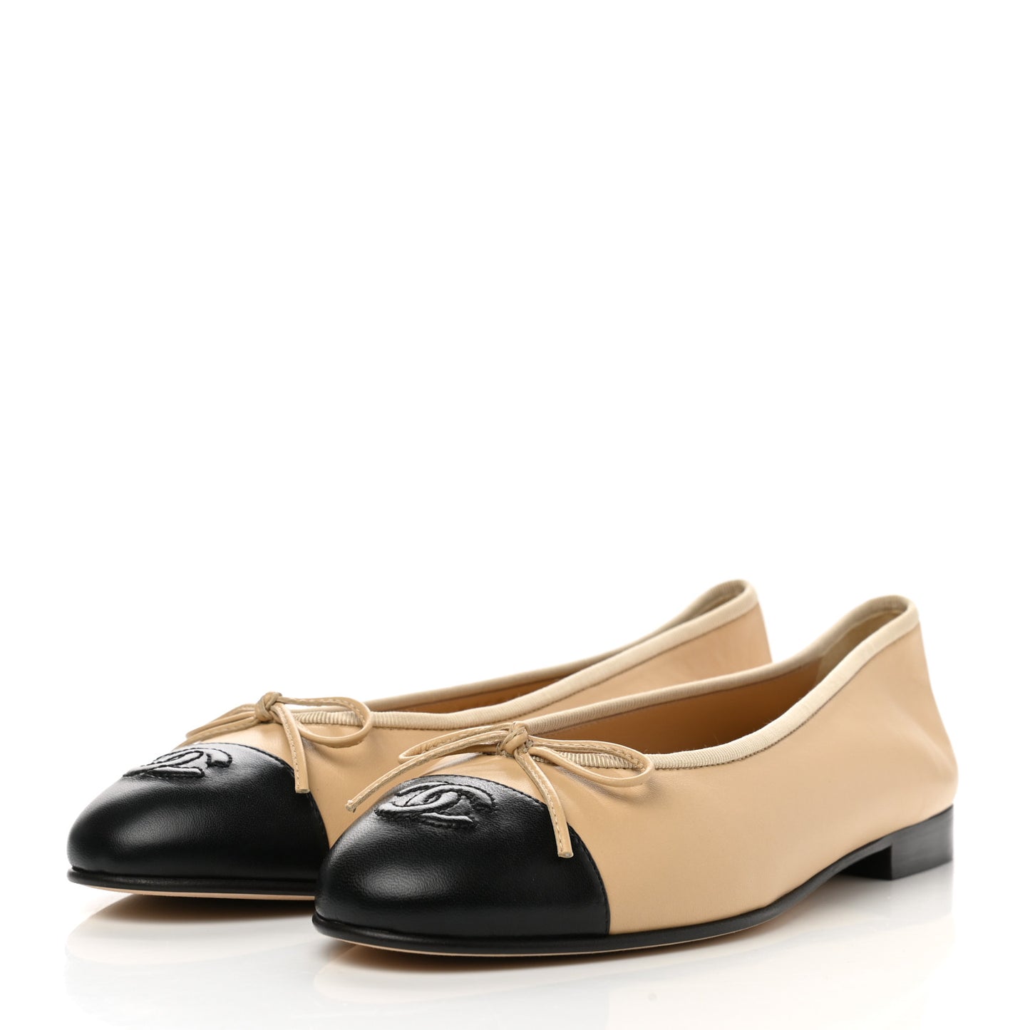 Lambskin Cap Toe Ballerina Flats 38.5 Beige Black