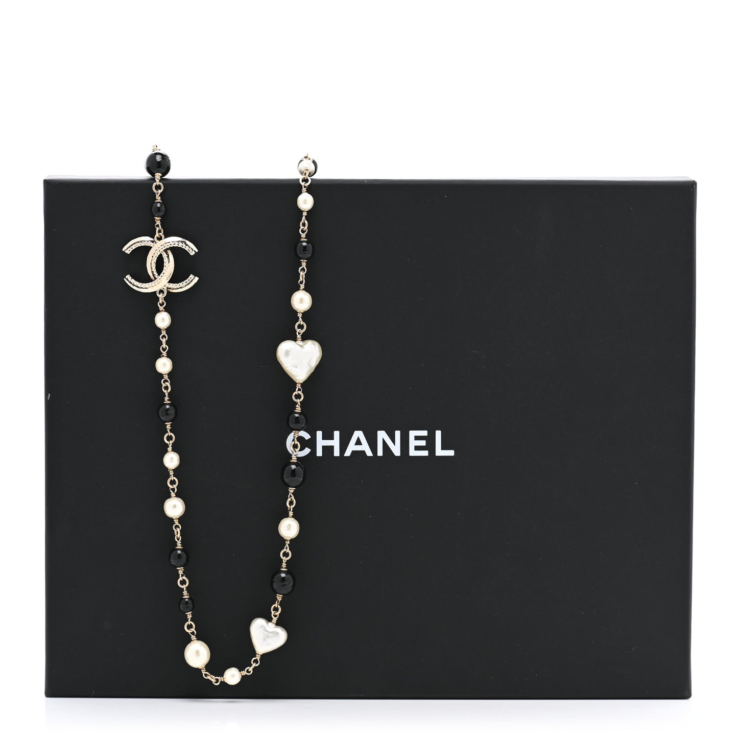 Pearl Bead Heart CC Long Necklace Gold Black