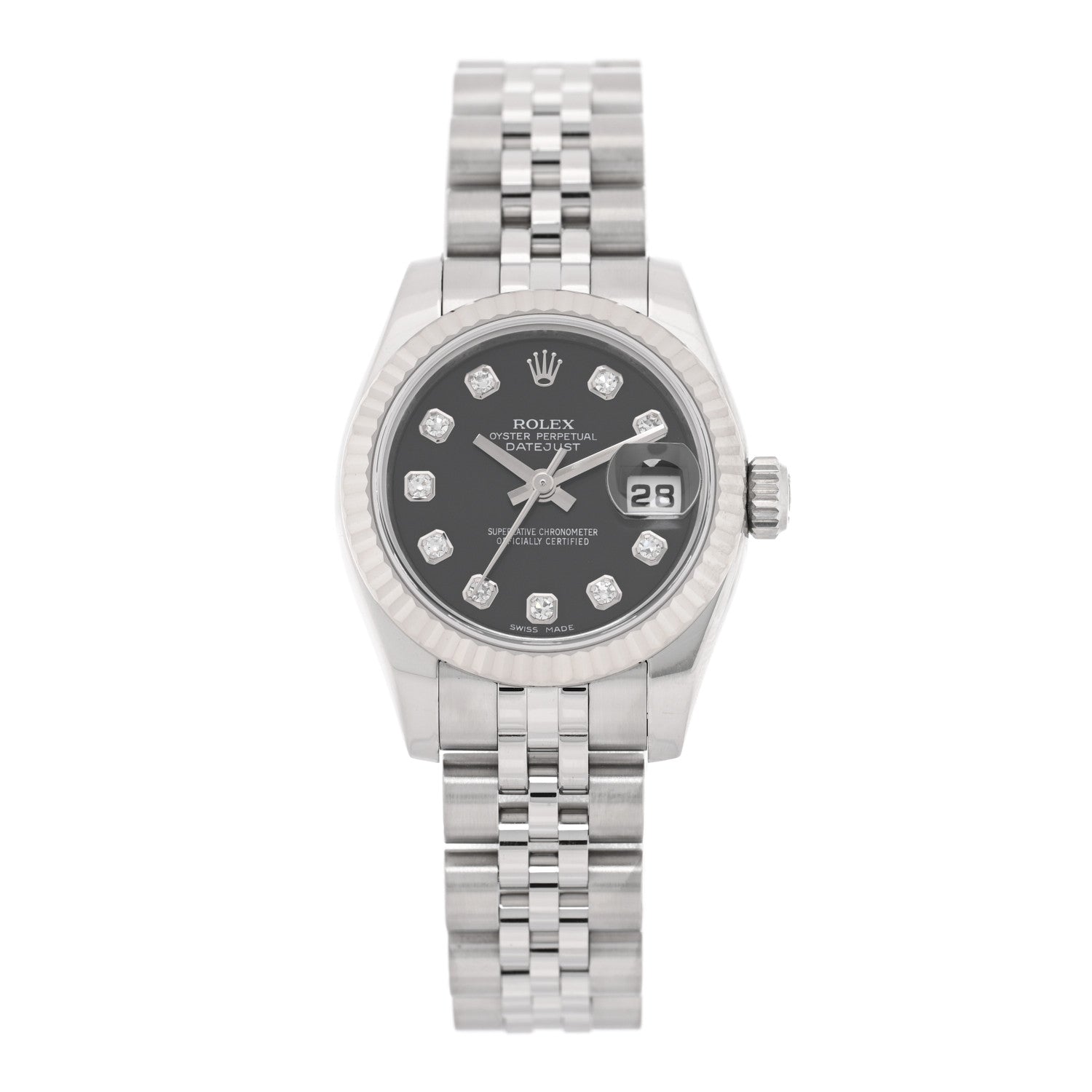 Rolex Stainless Steel 18K White Gold Diamond 26mm Oyster Perpetual Datejust Watch Black 179174 1 of 4