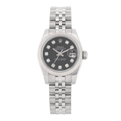 Rolex Stainless Steel 18K White Gold Diamond 26mm Oyster Perpetual Datejust Watch Black 179174 1 of 4
