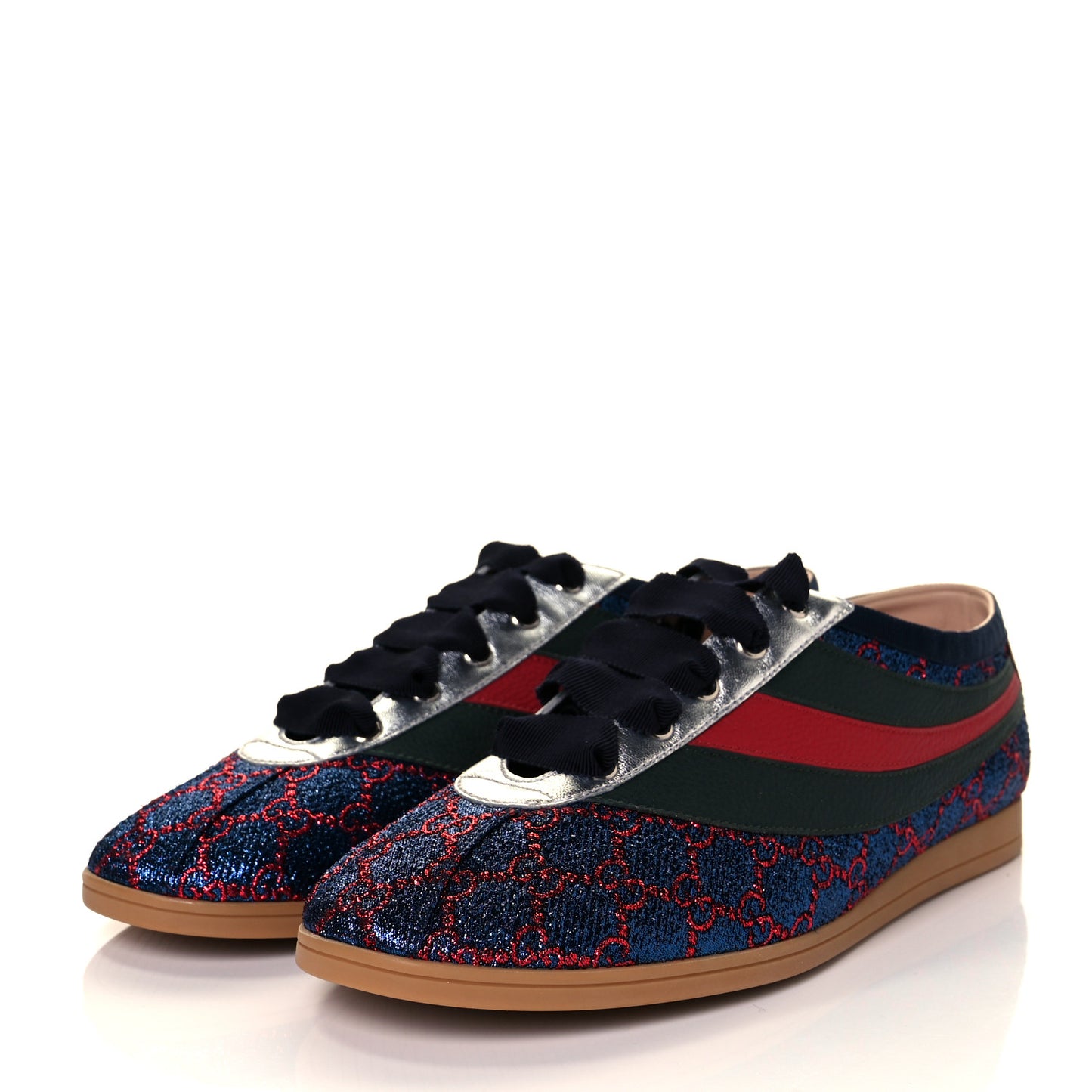 Lurex Calfskin Web GG Monogram Mens Falacer Sneakers 9 Iridescent Blue Iridescent Red Silver