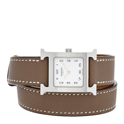 Hermes Stainless Steel Swift 21mm Heure H Hour Double Tour Quartz Watch Etoupe 2 of 4