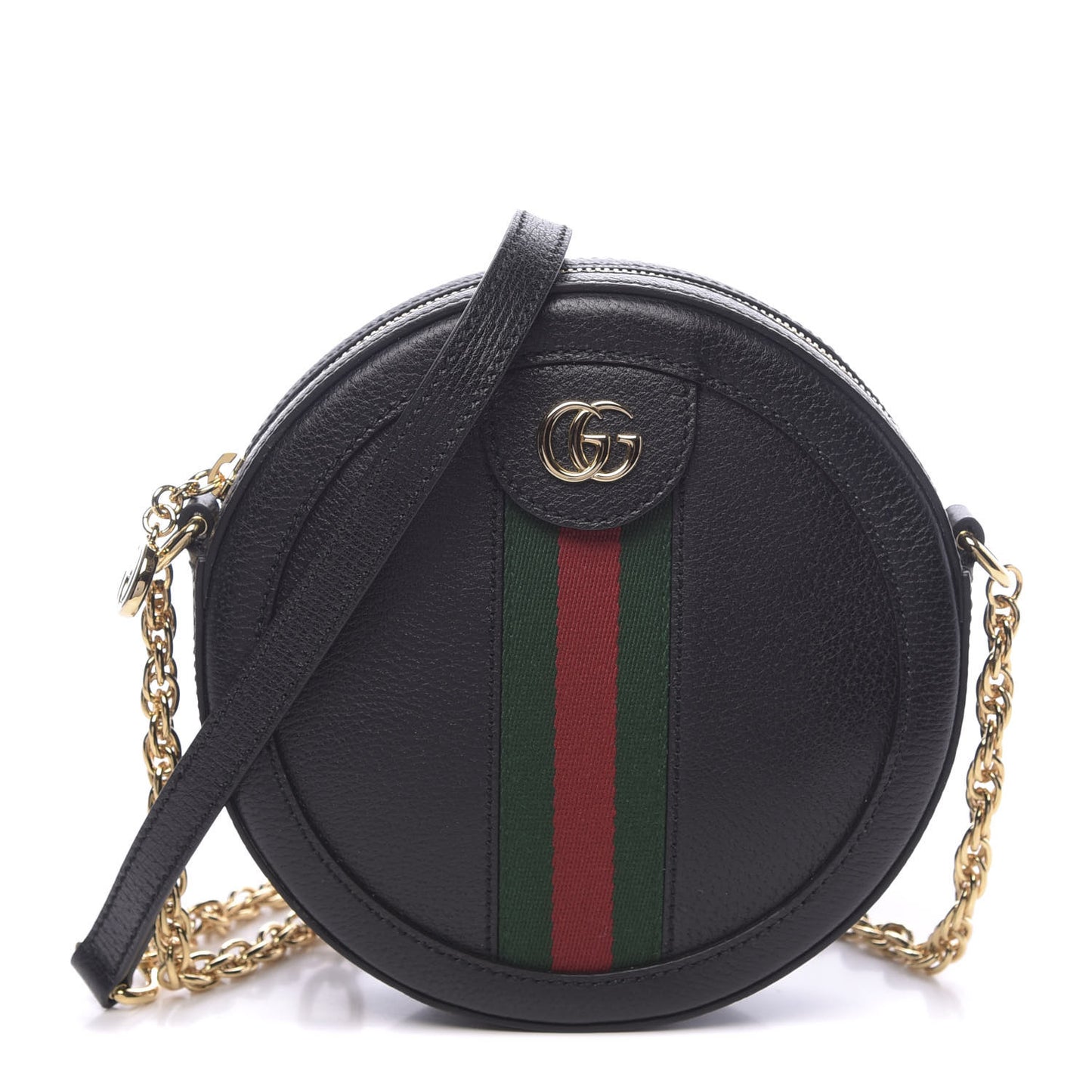 Grained Calfskin Web Mini Ophidia Round Shoulder Bag Black