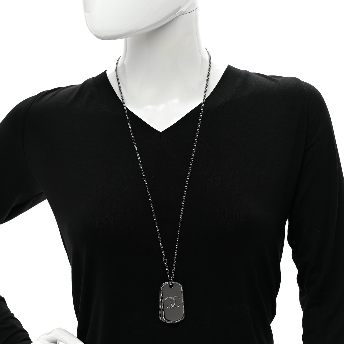 Metal Crystal Ruthenium Dog Tag Charm Necklace Black