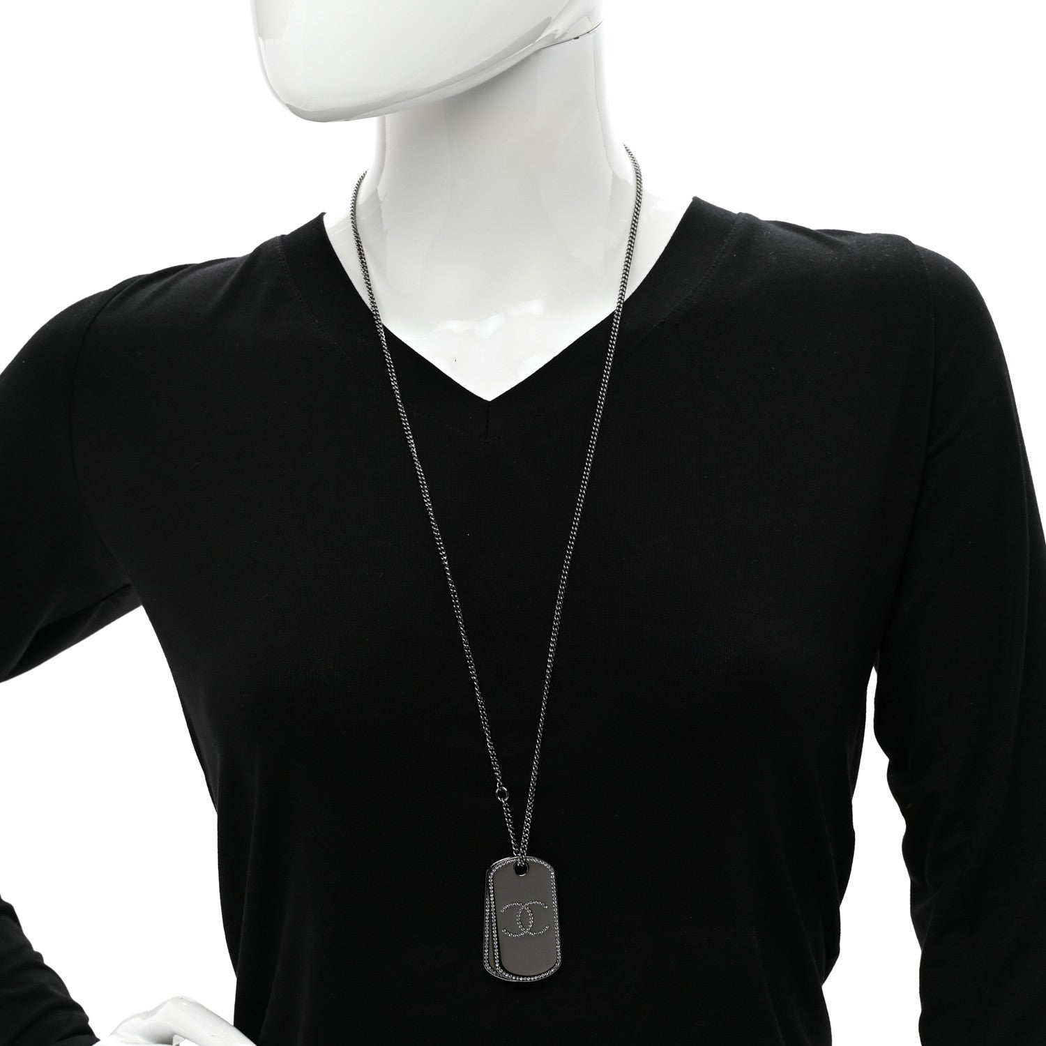 Chanel Metal Crystal Ruthenium Dog Tag Charm Necklace Black 2 of 4