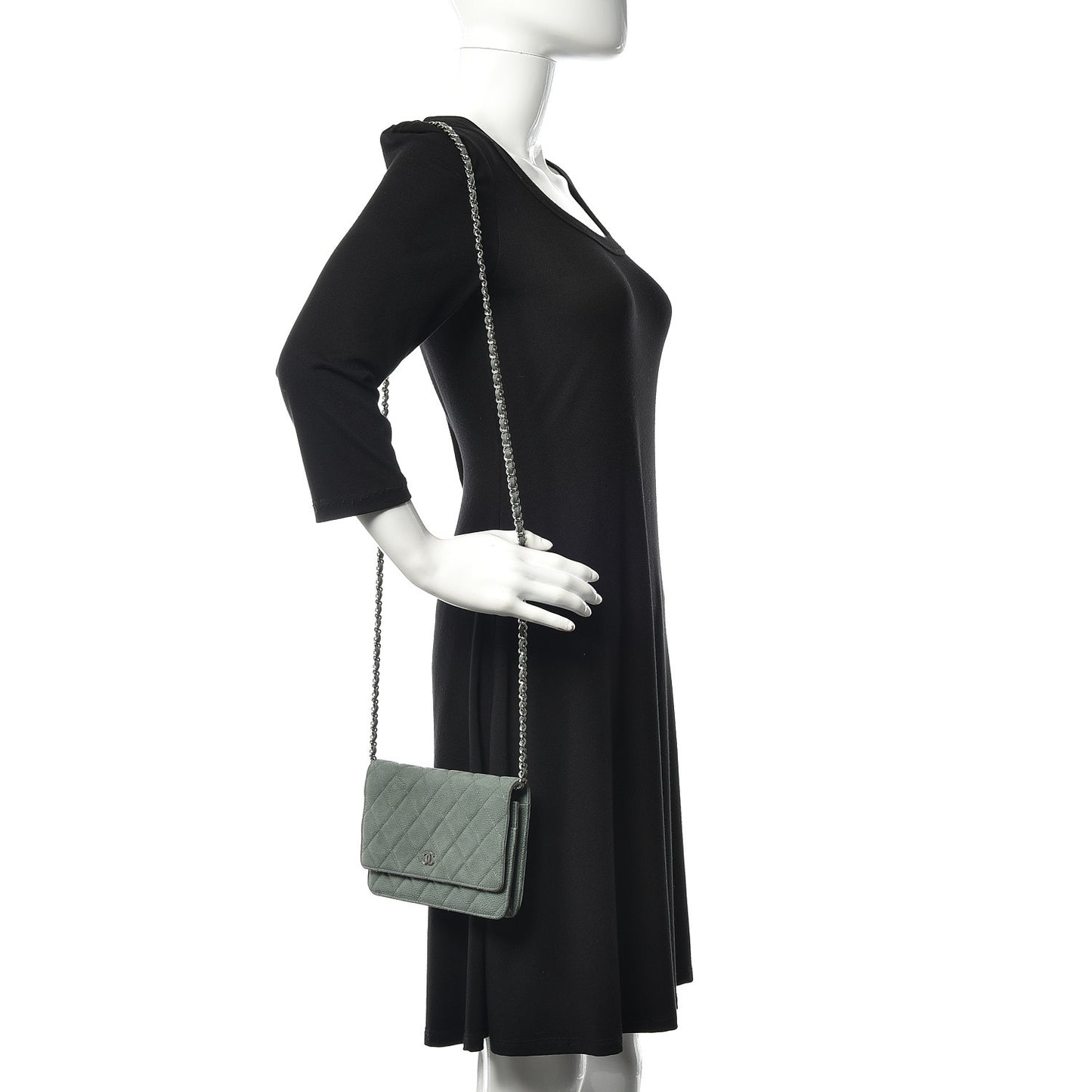 Iridescent Caviar Quilted Wallet On Chain WOC Green