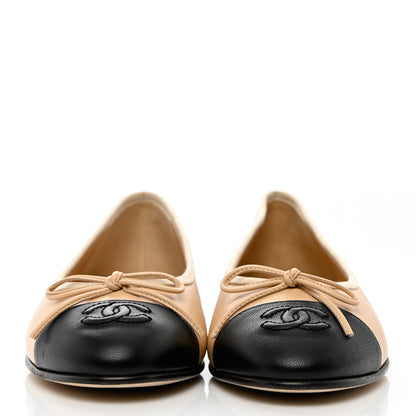 Chanel Lambskin Cap Toe CC Ballerina Flats 37.5 Beige Black 2 of 9