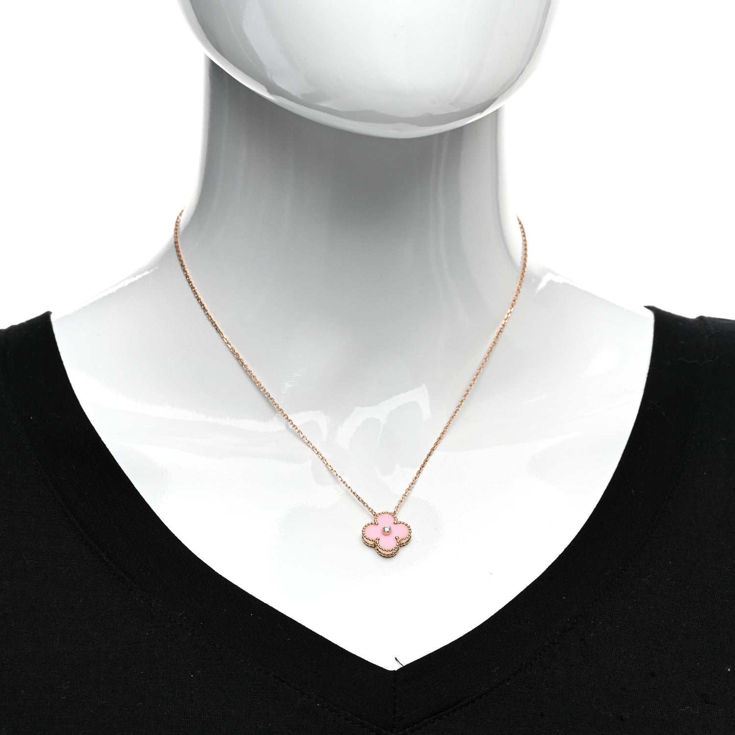 Van Cleef & Arpels 18K Rose Gold Diamond Pink Porcelain Vintage Alhambra Pendant Necklace 2 of 5