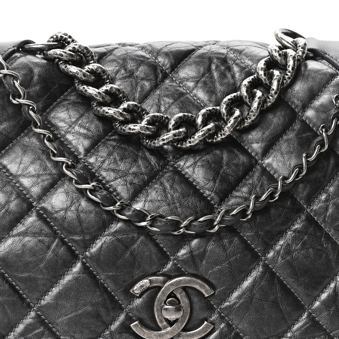 Aged Calfskin Quilted Medium Pondichery Flap Dark Grey