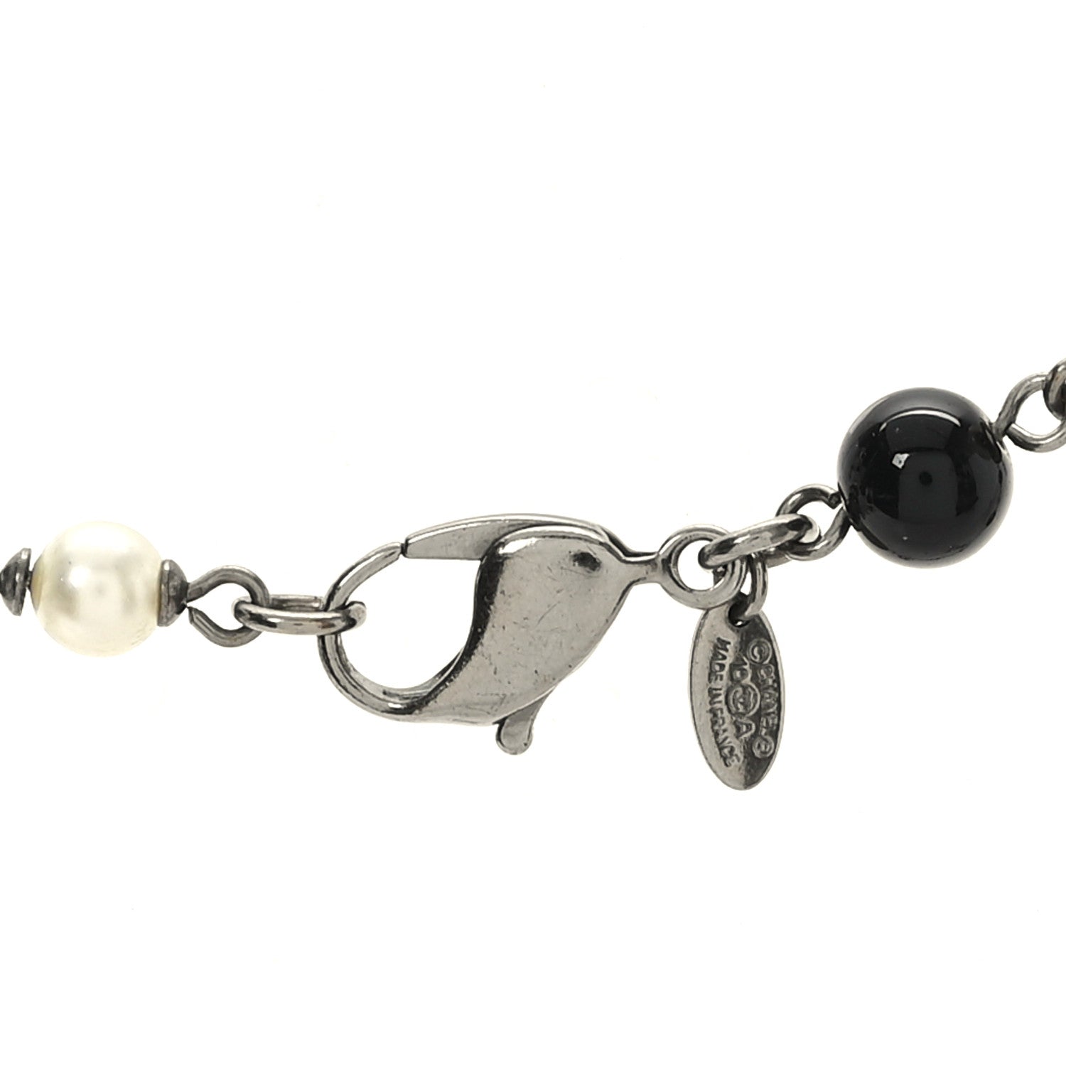 Chanel Pearl Crystal Bead CC Long Necklace Black Silver 4 of 4