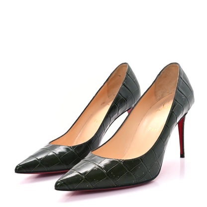 Christian Louboutin Calfskin Crocodile Embossed Kate 85 Pumps 38 Forest Night 4 of 9