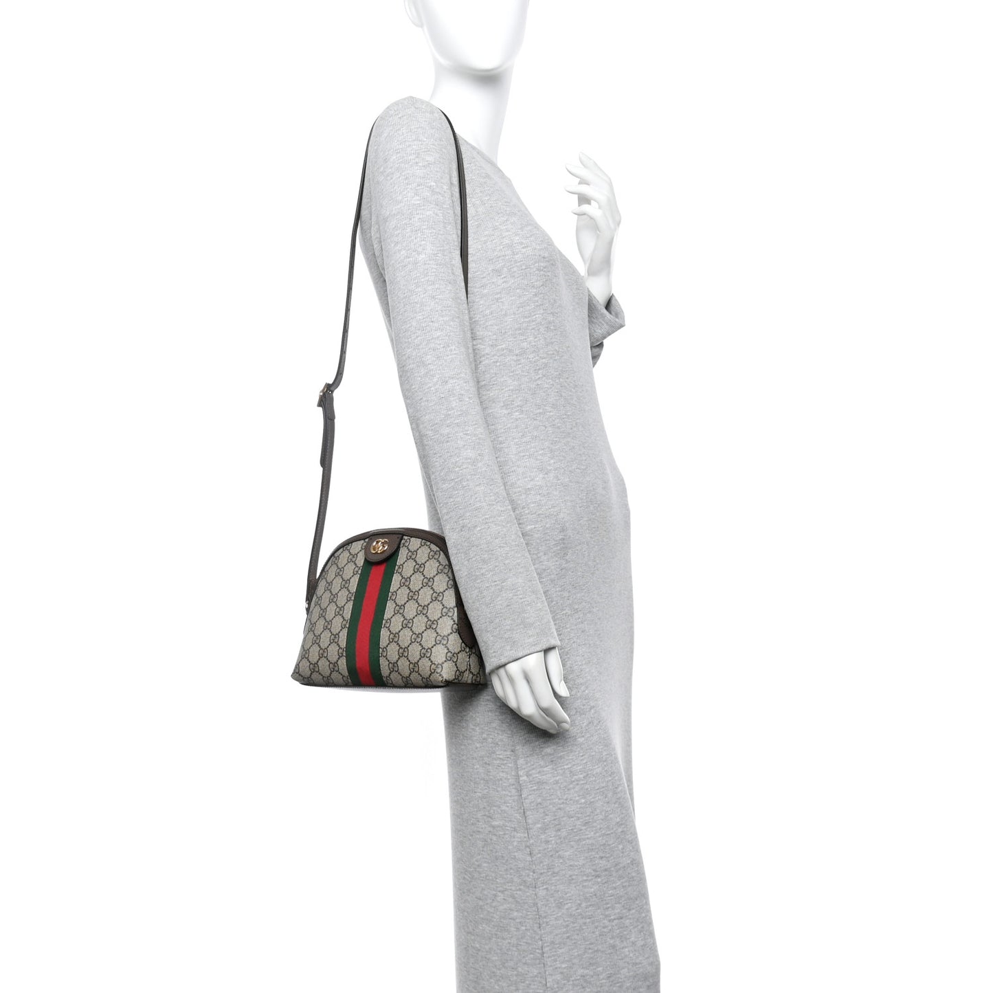 GG Supreme Monogram Textured Dollar Calfskin Web Small Ophidia Dome Shoulder Bag Beige Ebony New Acero