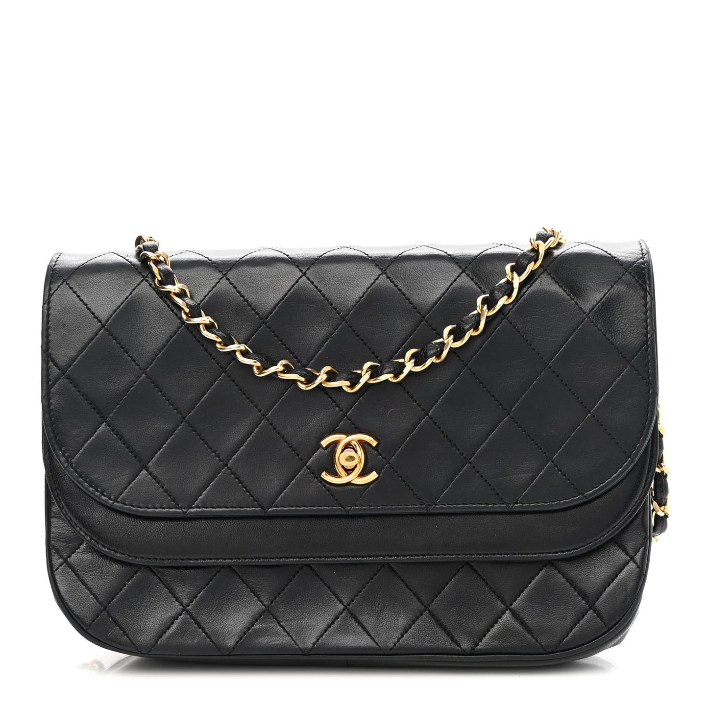 Lambskin Quilted Medium Round Double Flap Black