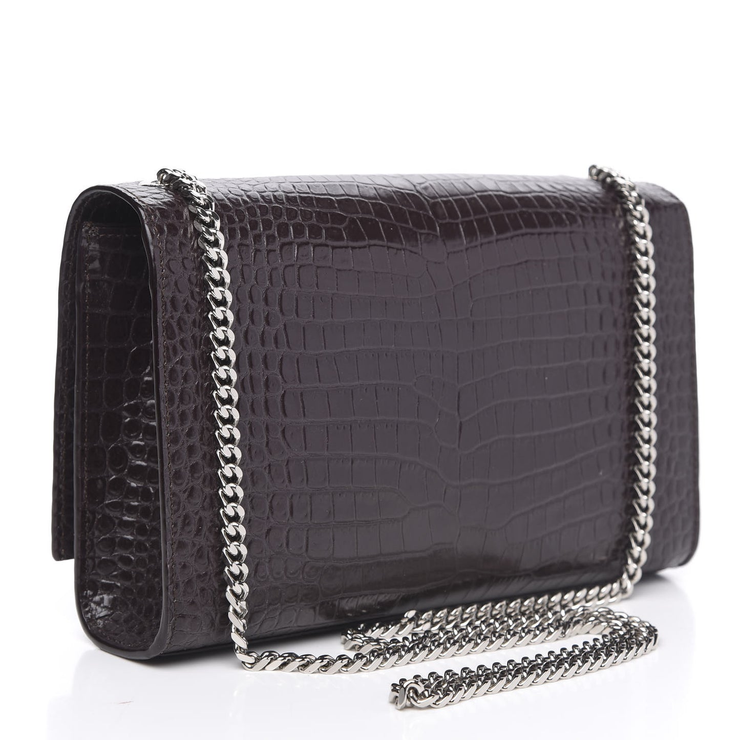 Calfskin Crocodile Embossed Medium Classic Monogram Kate Tassel Satchel Dark Brown