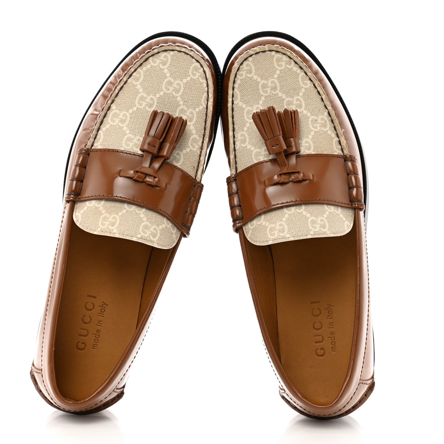 Gucci Calfskin GG Supreme Tassel Mens Loafers 8 Brown Beige Mystic White 2 of 11