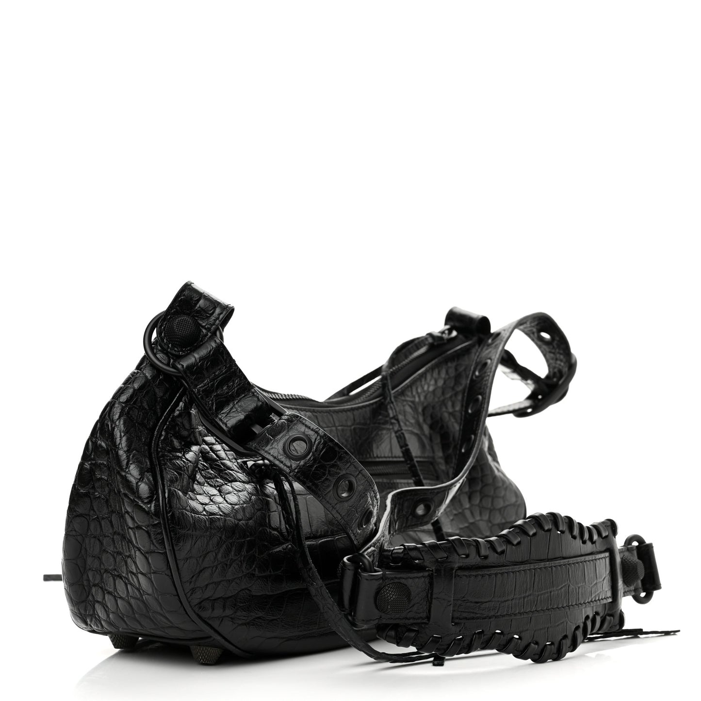 Extra Supple Calfskin Crocodile Embossed Monochrome Small Le Cagole Shoulder Bag Black