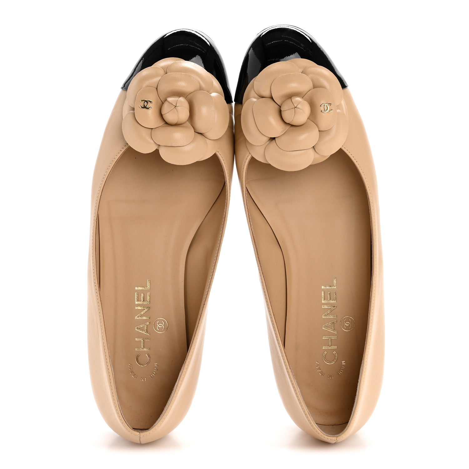 Chanel Lambskin Patent Cap Toe Camellia Ballerina Flats 39 Beige Black 2 of 9