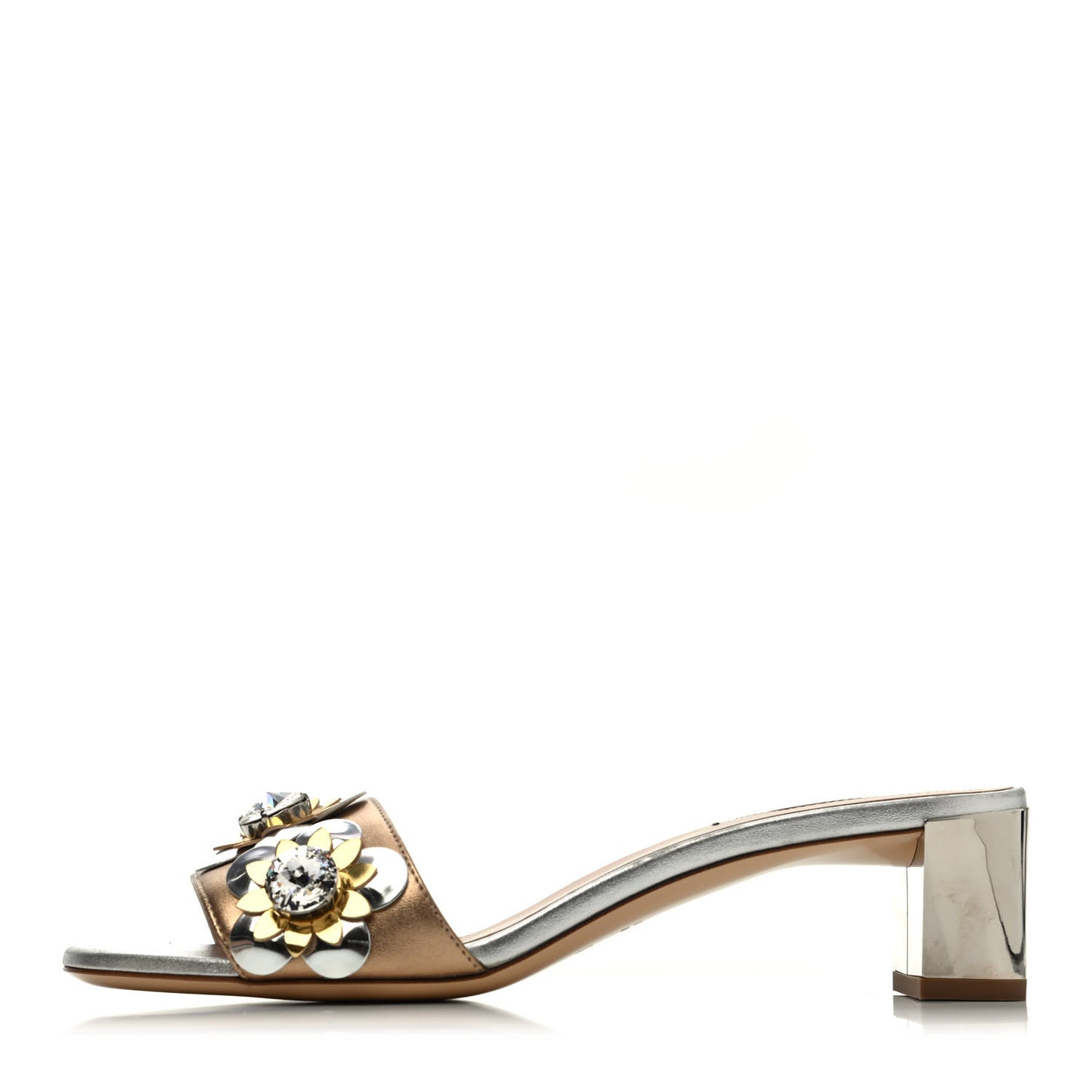 Metallic Calfskin Crystal Flowerland Slide Sandals 37 Argento Bronze Gold