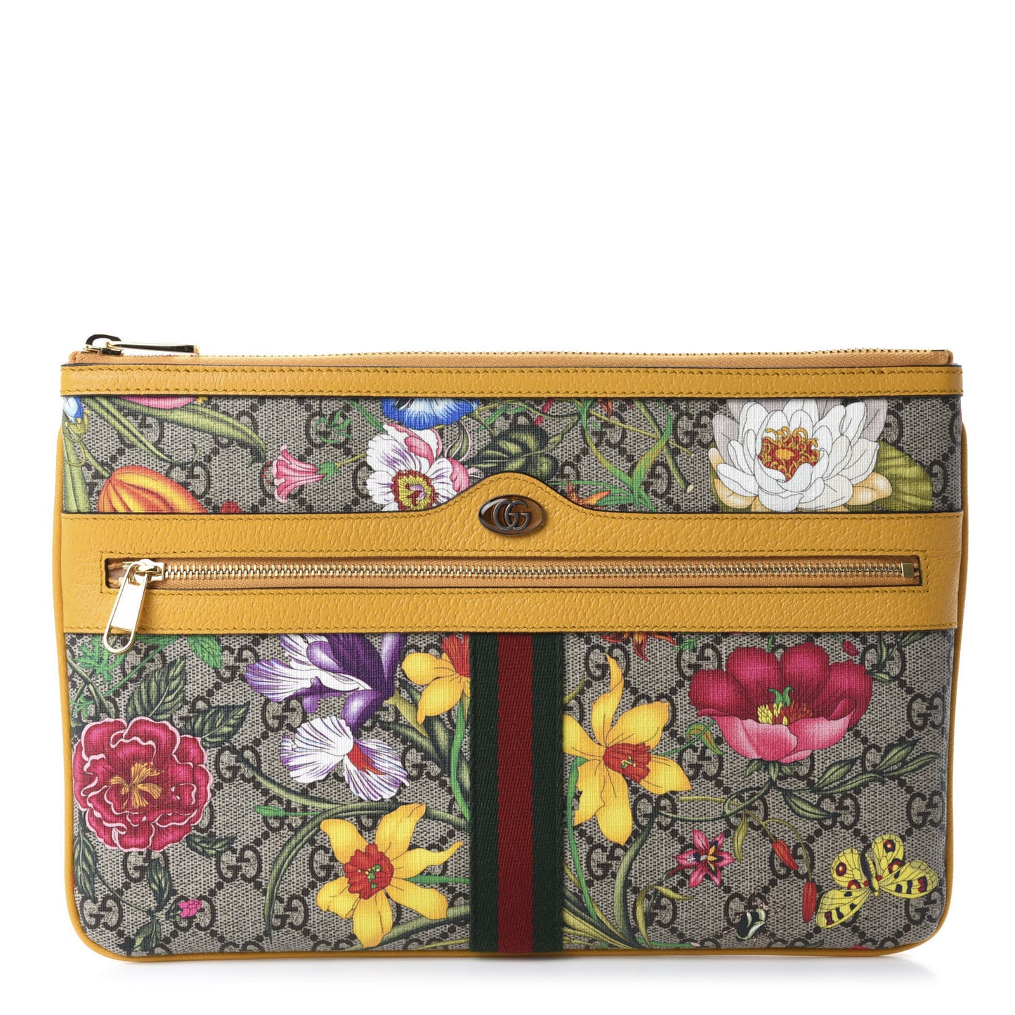 GG Supreme Monogram Flora Large Ophidia Pouch Clutch Beige Multicolor Crop