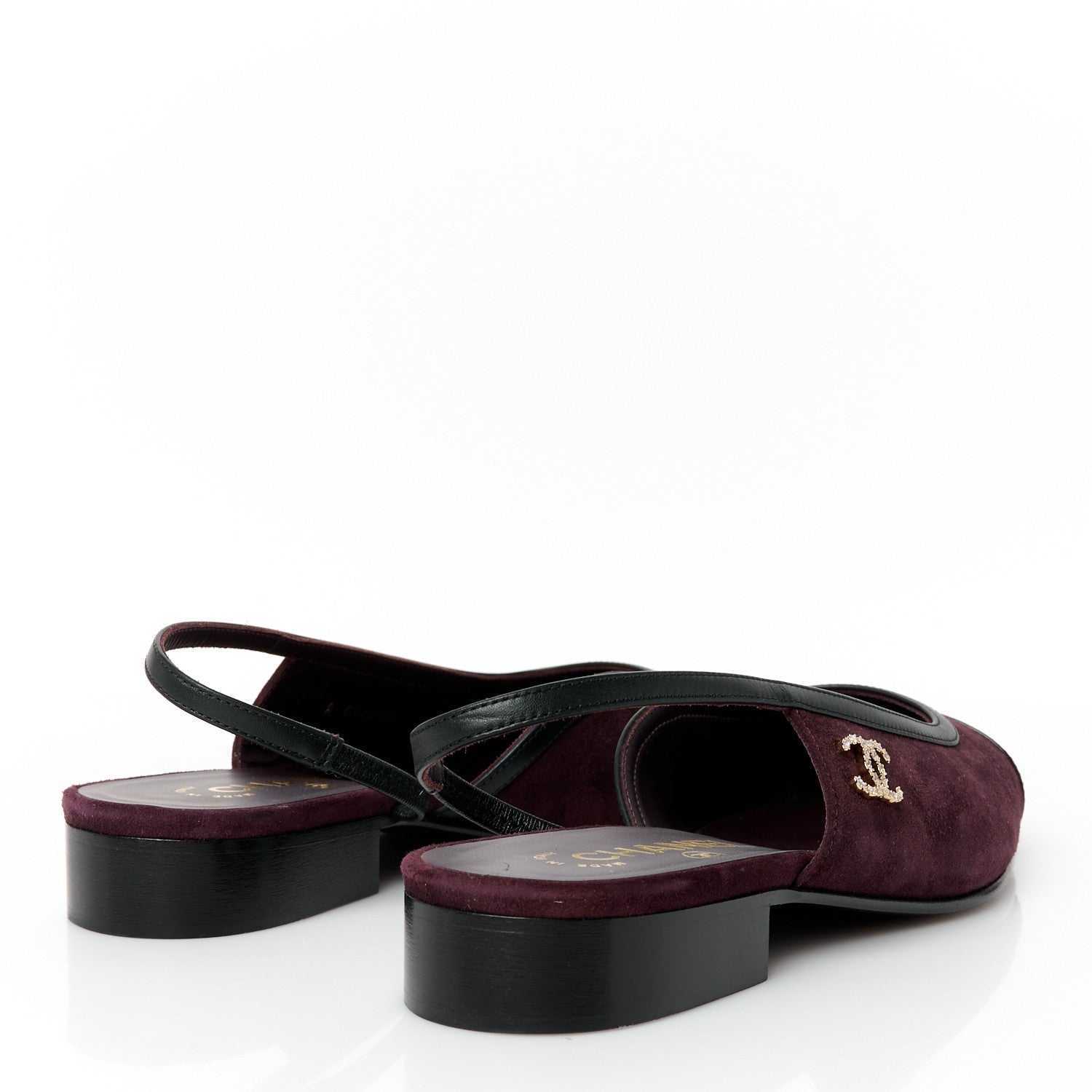 Chanel Suede Patent Crystal CC Cap Toe Slingback Flats 37.5 Burgundy Black 5 of 11