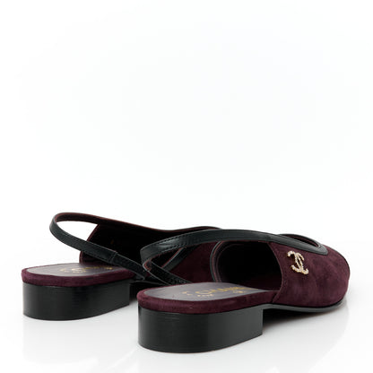 Chanel Suede Patent Crystal CC Cap Toe Slingback Flats 37.5 Burgundy Black 5 of 11
