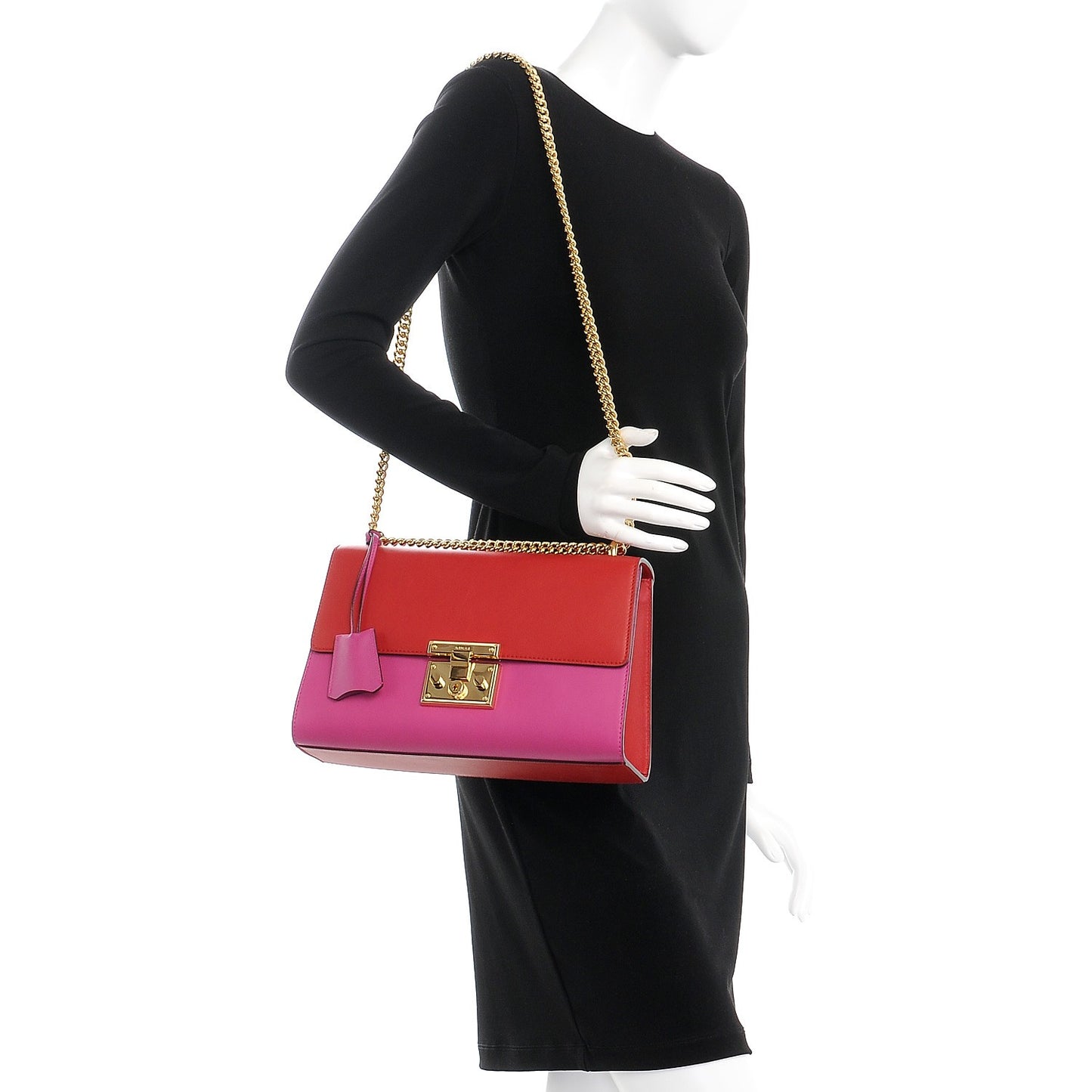 Moon Calfskin Bi-Color Medium Padlock Shoulder Bag New Rosette Hibiscus Red