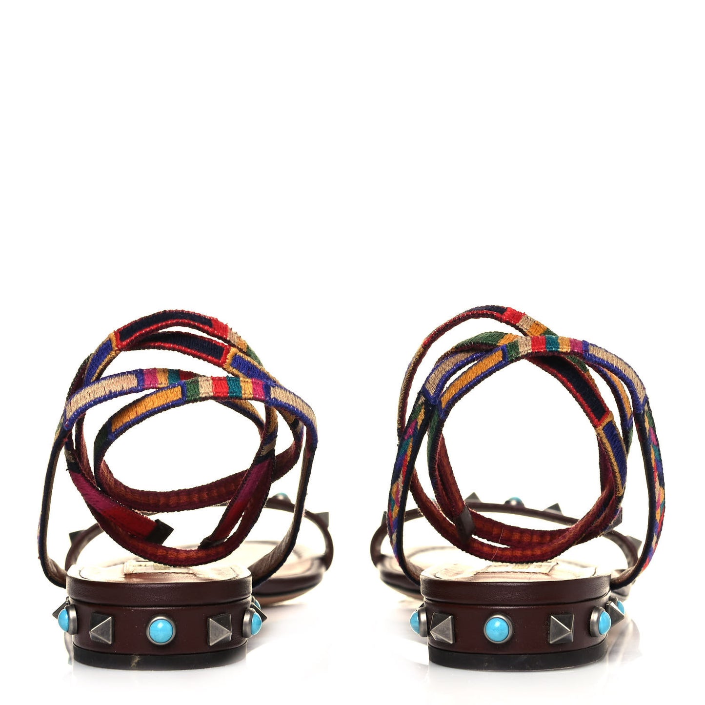 Calfskin Embroidered Rockstud Rolling Wrap Sandals 39 Brown