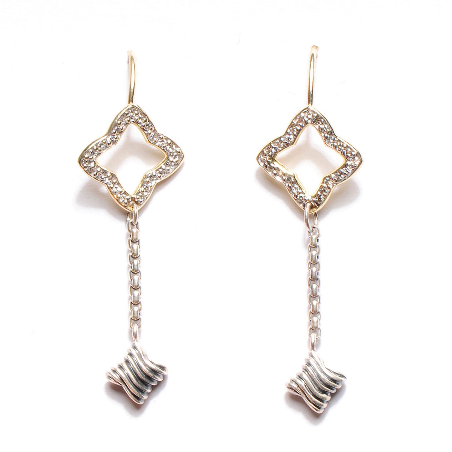 18K Gold Sterling Silver Pave Diamond Quatrefoil Drop Earrings